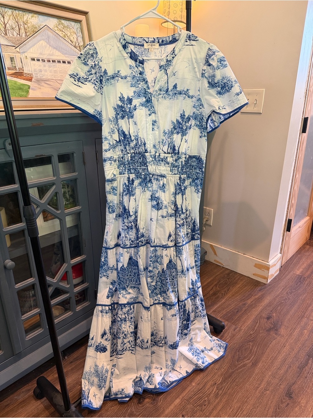 Umgee White and Blue Scenic Print Tiered Maxi Dress
